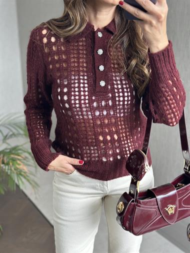 Bordo  File Örgü Polo Yaka Düğmeli Kadın Triko Kazak