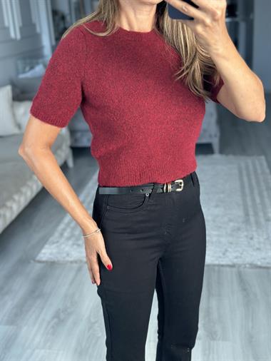 Bordo Yumuşak Dokulu Kısa Kol Triko Kadın Kazak