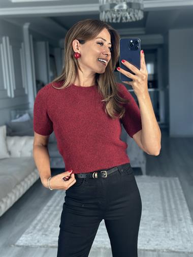 Bordo Yumuşak Dokulu Kısa Kol Triko Kadın Kazak