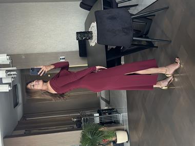 Bordo Göbek Dekolteli Büzgülü Sandy Kadın Elbise