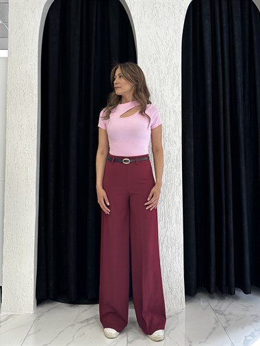 Bordo İnce Kemerli Likralı Palazzo Kadın Pantolon