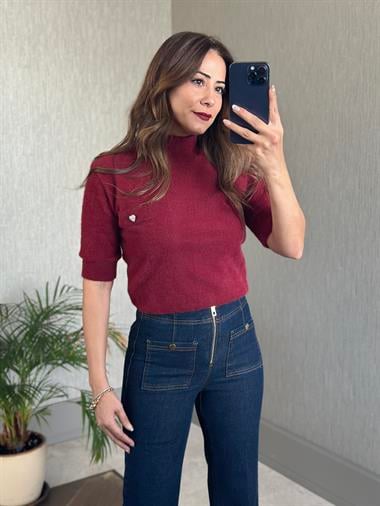 Bordo Kalp Detay Yarım Balıkçı Kısa Kol Kadın Bluz