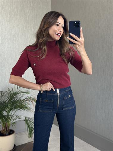 Bordo Kalp Detay Yarım Balıkçı Kısa Kol Kadın Bluz