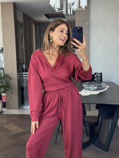 Bordo Kapüşonlu Sweat Düz Paça Pantolon Kadın İkili Takım