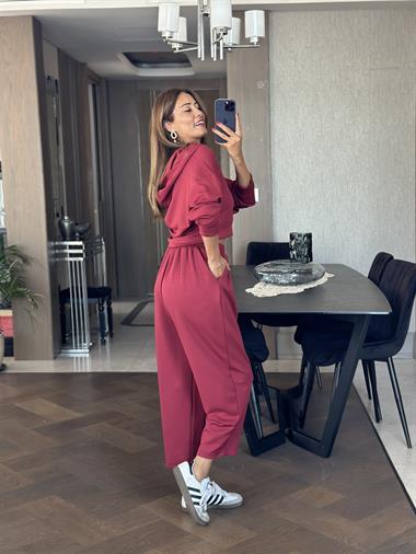 Bordo Kapüşonlu Sweat Düz Paça Pantolon Kadın İkili Takım
