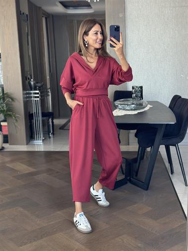 Bordo Kapüşonlu Sweat Düz Paça Pantolon Kadın İkili Takım