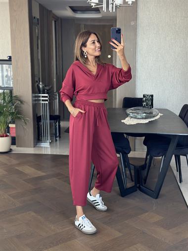 Bordo Kapüşonlu Sweat Düz Paça Pantolon Kadın İkili Takım