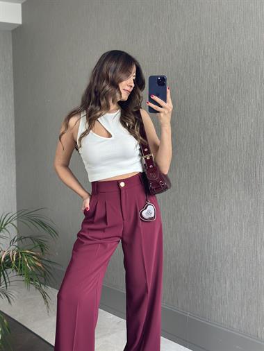 Bordo Karol Gold Düğmeli Arka Beli Lastikli Geniş Paça Kumaş Kadın Pantolon