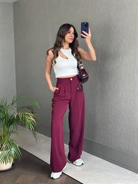 Bordo Karol Gold Düğmeli Arka Beli Lastikli Geniş Paça Kumaş Kadın Pantolon