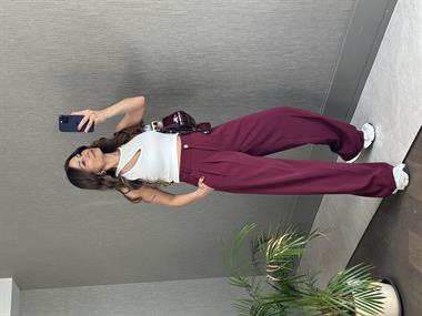 Bordo Karol Gold Düğmeli Arka Beli Lastikli Geniş Paça Kumaş Kadın Pantolon