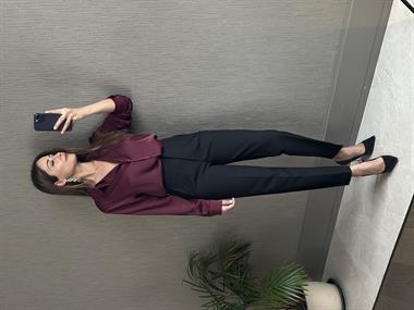 Bordo Karol Uzun Kol Saten Kadın Gömlek