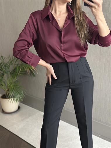 Bordo Karol Uzun Kol Saten Kadın Gömlek