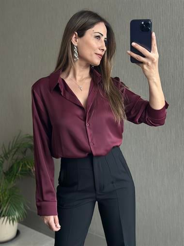 Bordo Karol Uzun Kol Saten Kadın Gömlek