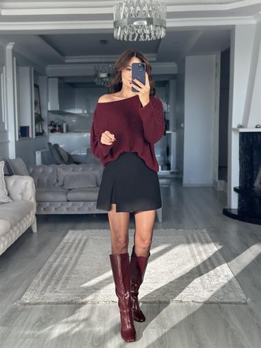 Bordo Kayık Yaka Basic Kadın Triko Kazak