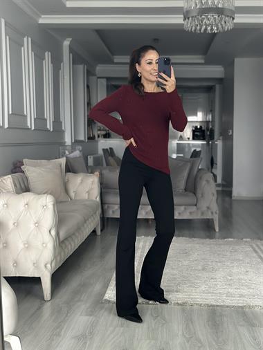 Bordo Kayık Yaka Uzun Kol Pullu Simli Triko Kadın Kazak