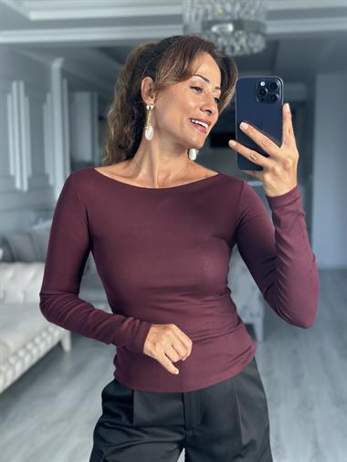 Bordo Kayık Yaka Uzun Kollu Top Kadın Bluz