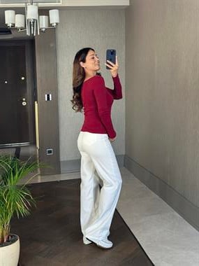 Bordo Kayık Yaka Yanları Büzgülü Uzun Kol Kadın Bluz