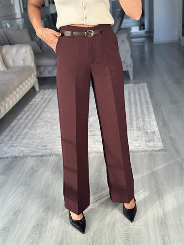 Bordo Kemerli Cepli Manşetli Paça Kadın Kumaş Pantolon
