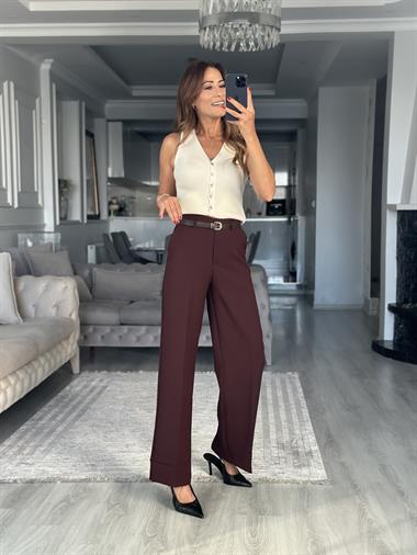 Bordo Kemerli Cepli Manşetli Paça Kadın Kumaş Pantolon