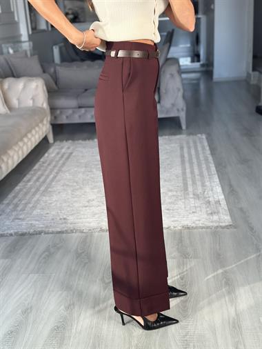 Bordo Kemerli Cepli Manşetli Paça Kadın Kumaş Pantolon