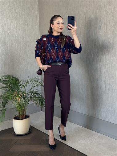 Bordo Kemerli Flatolu Kadın Kumaş Pantolon