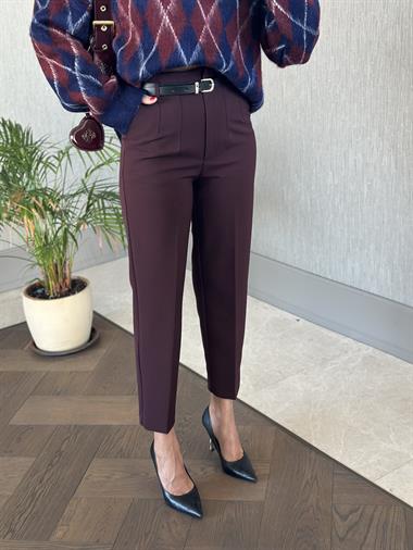 Bordo Kemerli Flatolu Kadın Kumaş Pantolon