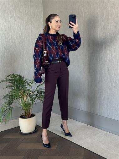 Bordo Kemerli Flatolu Kadın Kumaş Pantolon