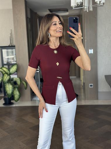Bordo Kısa Kol Eteği V Güneş Serisi Kadın Bluz