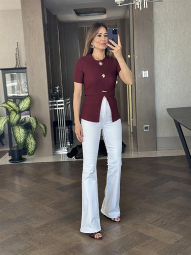 Bordo Kısa Kol Eteği V Güneş Serisi Kadın Bluz