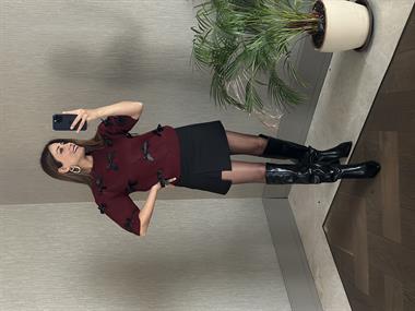 Bordo Kısa Kol Kurdele Detaylı Kadın Crop Kazak