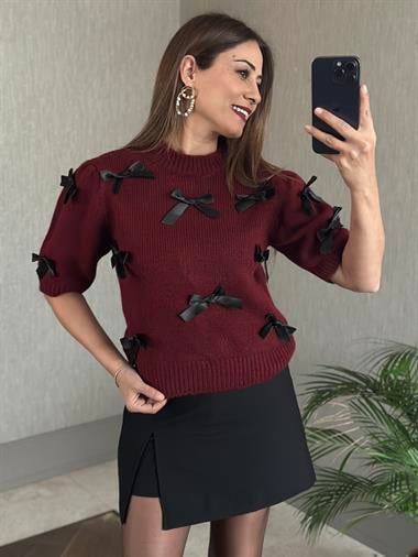 Bordo Kısa Kol Kurdele Detaylı Kadın Crop Kazak