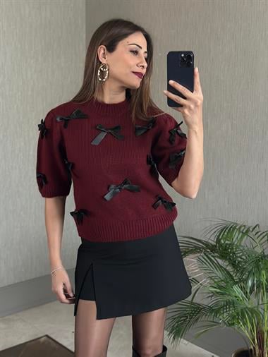 Bordo Kısa Kol Kurdele Detaylı Kadın Crop Kazak