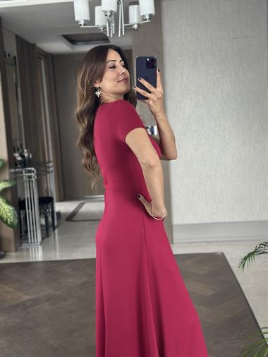 Vişne Kısa Kol V Yaka Önü Yırtmaçlı Modal Kadın Maksi Boy Elbise 