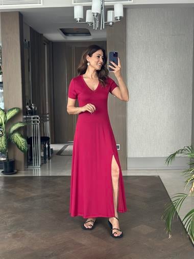 Vişne Kısa Kol V Yaka Önü Yırtmaçlı Modal Kadın Maksi Boy Elbise 