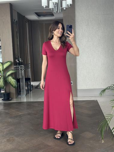Vişne Kısa Kol V Yaka Önü Yırtmaçlı Modal Kadın Maksi Boy Elbise 