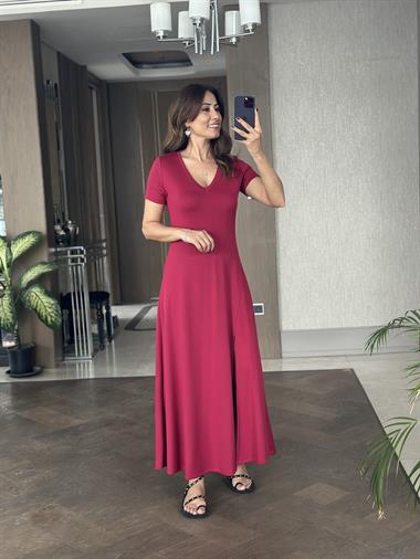 Vişne Kısa Kol V Yaka Önü Yırtmaçlı Modal Kadın Maksi Boy Elbise 