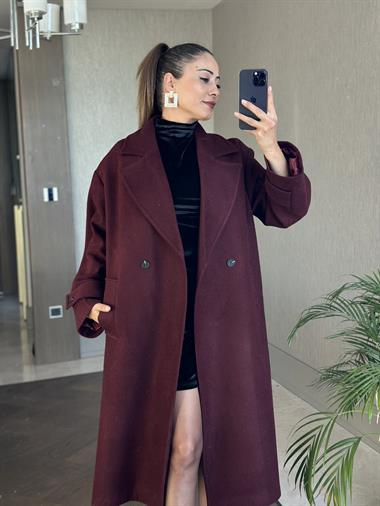 Bordo Kolları Apolet Detay Düğmeli Oversize  Cepli Kadın Kaşe Kaban