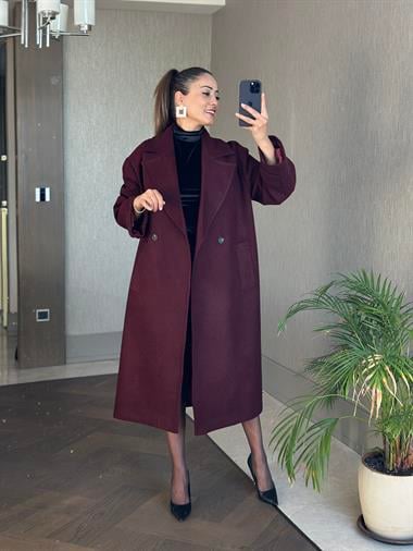 Bordo Kolları Apolet Detay Düğmeli Oversize  Cepli Kadın Kaşe Kaban