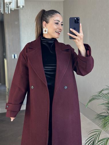 Bordo Kolları Apolet Detay Düğmeli Oversize  Cepli Kadın Kaşe Kaban