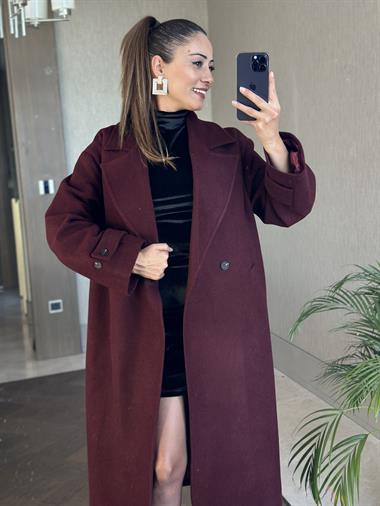 Bordo Kolları Apolet Detay Düğmeli Oversize  Cepli Kadın Kaşe Kaban