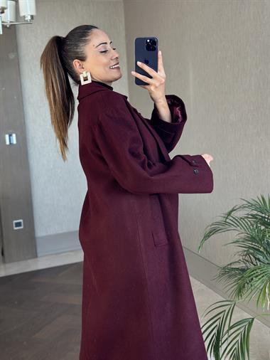 Bordo Kolları Apolet Detay Düğmeli Oversize  Cepli Kadın Kaşe Kaban