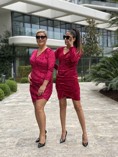 Bordo Kruvaze Yaka Uzun Kol Kadife Kadın Elbise