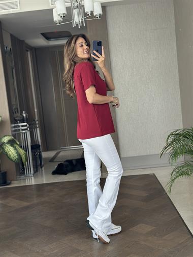 Bordo Kuş Taşlı Bisiklet Yaka Kısa Kol Kadın T-Shirt