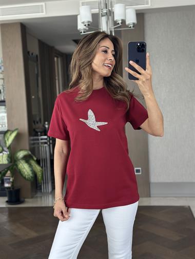 Bordo Kuş Taşlı Bisiklet Yaka Kısa Kol Kadın T-Shirt