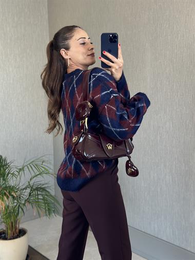 Bordo Lacivert Bisiklet Yaka Baklava Desen Kadın Yumoş Kazak