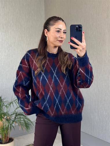 Bordo Lacivert Bisiklet Yaka Baklava Desen Kadın Yumoş Kazak