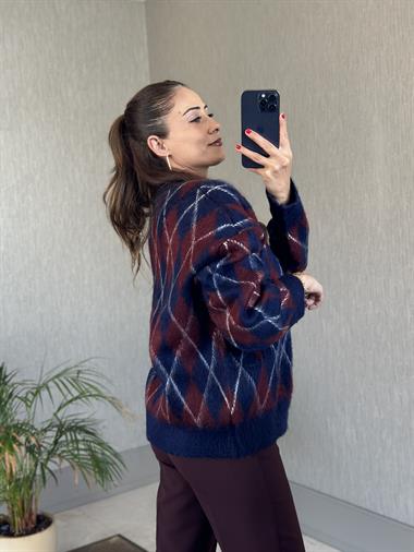 Bordo Lacivert Bisiklet Yaka Baklava Desen Kadın Yumoş Kazak