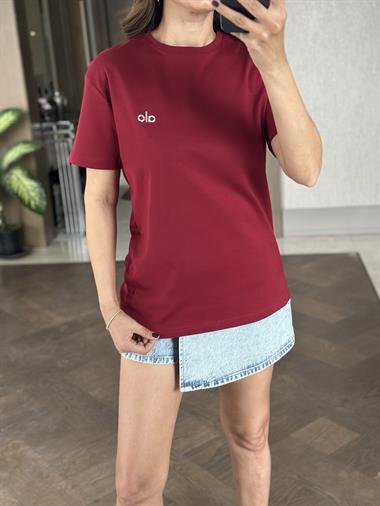 Bordo Logo Detaylı Bisiklet Yaka Basic Kadın T-Shirt