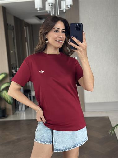 Bordo Logo Detaylı Bisiklet Yaka Basic Kadın T-Shirt