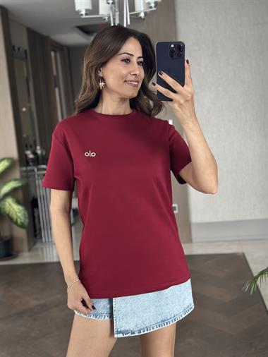 Bordo Logo Detaylı Bisiklet Yaka Basic Kadın T-Shirt